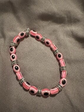 Pink Eye-Pattern Stretch Bracelet with Silver-Tone Accents